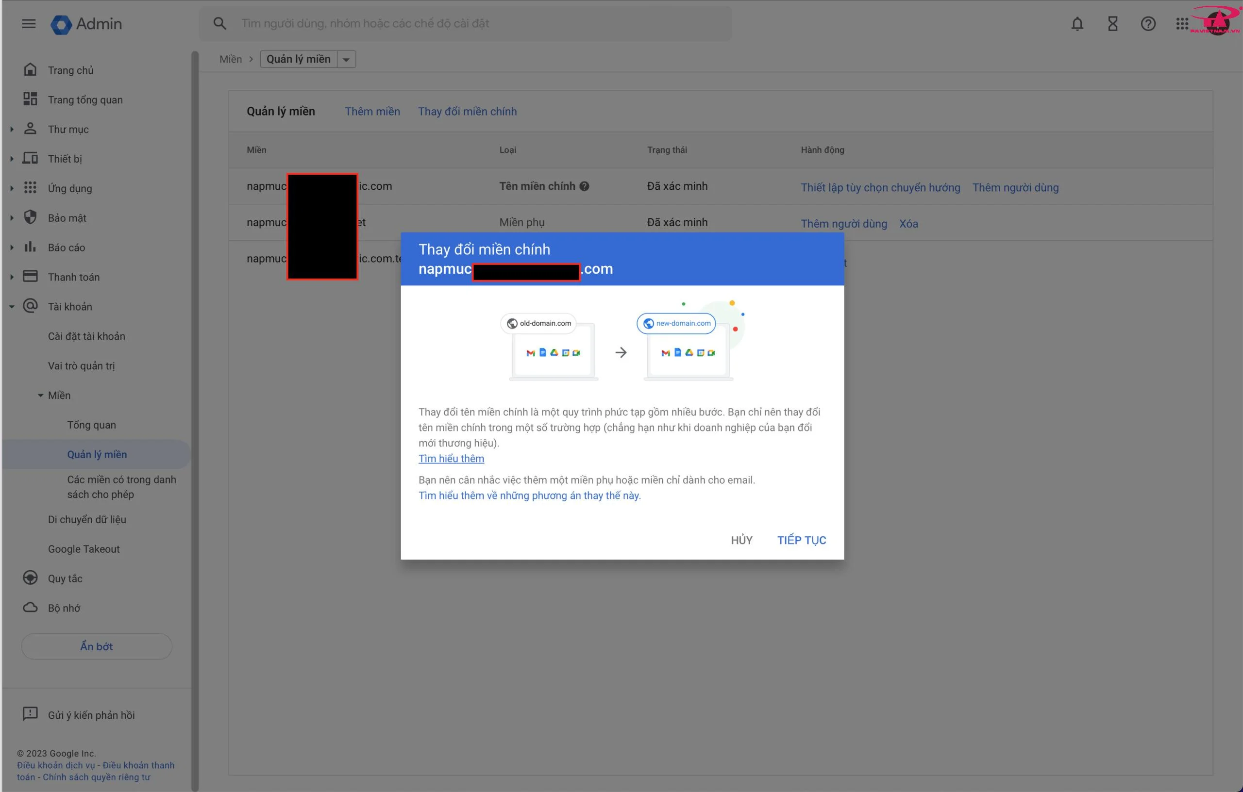 Hướng dẫn thay đổi domain chính dịch vụ Google Workspace